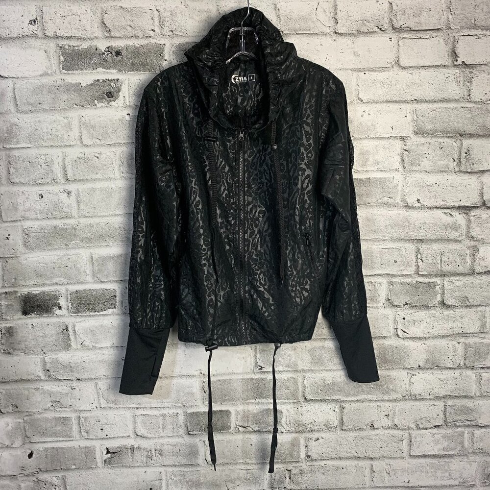 Zyia Active Windbreaker Black Cheetah Print Full Zip Hooded UtilityJacket